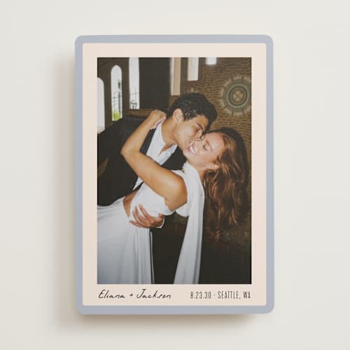 This is a sky save the date with standard by Alethea and Ruth called snapshot border printing on recycled smooth signature in standard