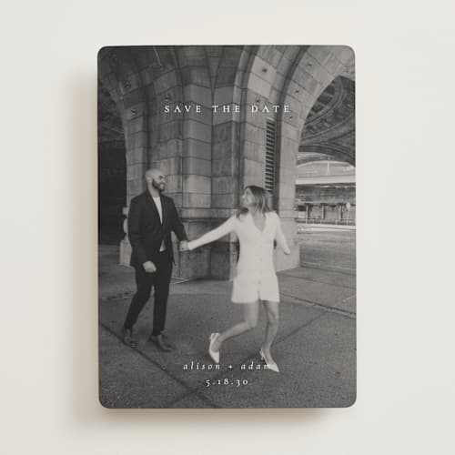 This is a cotton save the date with standard by Amy Kross called veneer printing on recycled smooth signature in standard