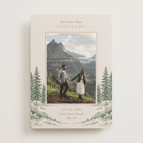This is a forest save the date with standard by Elly called whispering pines printing on recycled smooth signature in standard