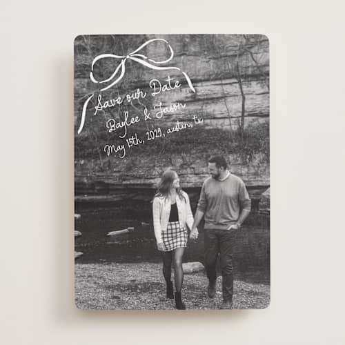 This is a pearl save the date with standard by Jelena Vuletic called inkwoven printing on recycled smooth signature in standard