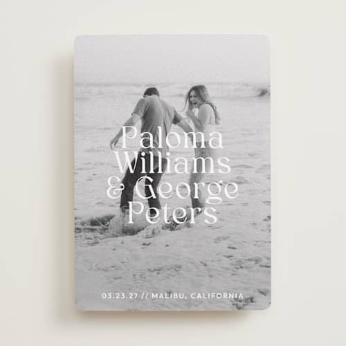 This is a powder save the date with standard by Megan Davis called faded printing on recycled smooth signature in standard