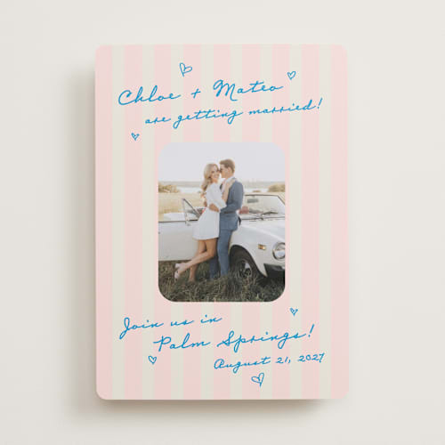 This is a pink grapefruit save the date with standard by Jackie Crawford called the right stripes printing on recycled smooth signature in standard