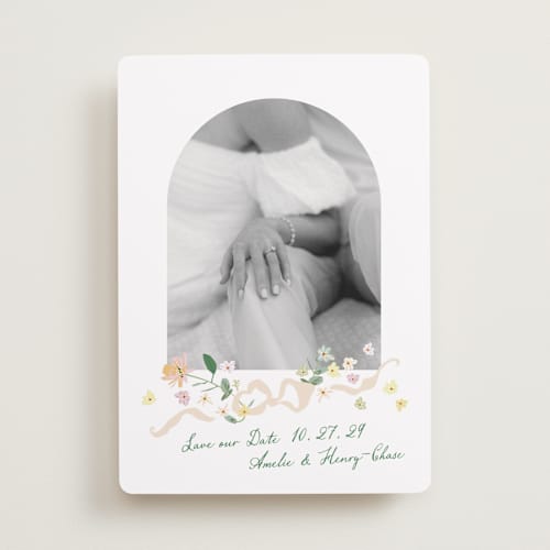 This is a spring save the date with standard by Phrosné Barwood called spring draped garland printing on recycled smooth signature in standard