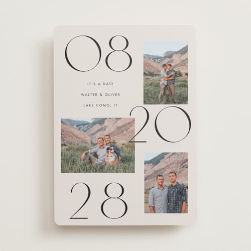 This is a cream save the date with standard by Baumbirdy called delicate date printing on recycled smooth signature in standard