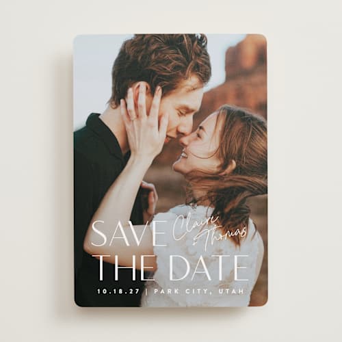 This is a cloud save the date with standard by Carolyn MacLaren called cover printing on recycled smooth signature in standard