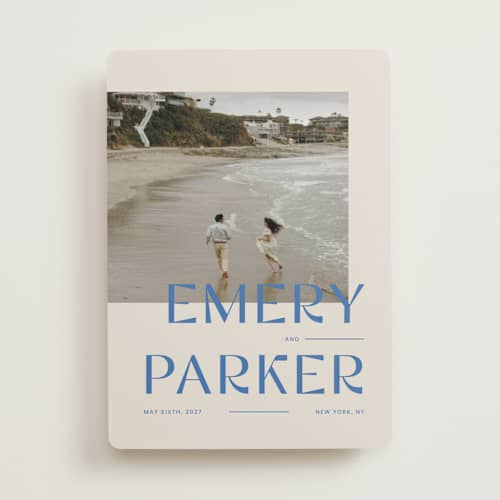 This is a capri save the date with standard by Blustery August called cosmos printing on recycled smooth signature in standard