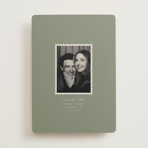 This is a sage save the date with standard by Sierra Lee called post printing on recycled smooth signature in standard