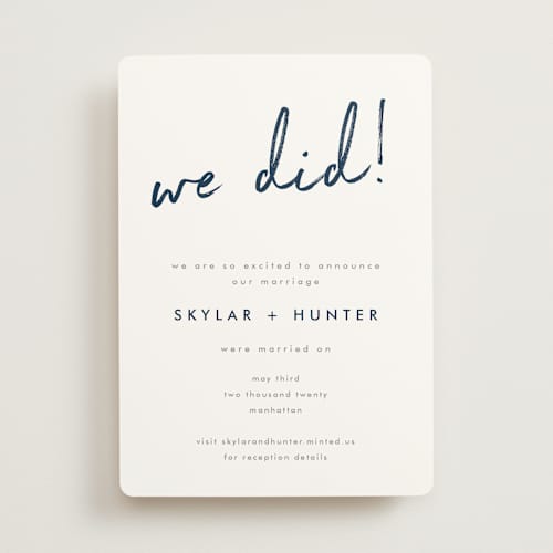 This is a navy wedding announcements with standard by Phrosné Barwood called funky names printing on signature in standard