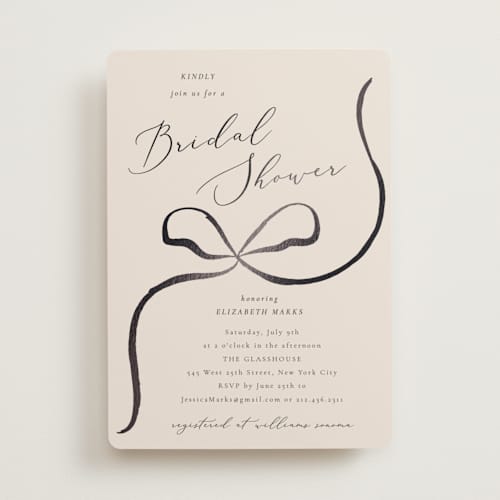 This is a tuxedo bridal shower invitations with foil pressed by Corinne Malesic called bow printing on signature in standard