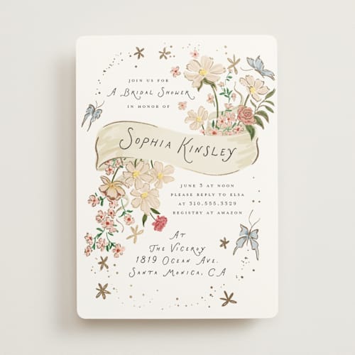 This is a sugar bridal shower invitations with foil pressed by Leah Bisch called flowers and ribbon printing on signature in standard