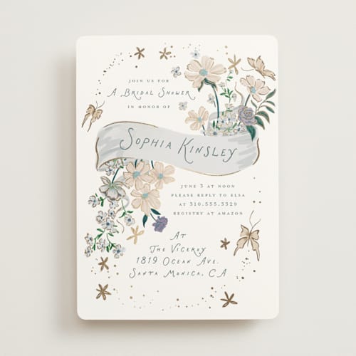 This is a frost bridal shower invitations with foil pressed by Leah Bisch called flowers and ribbon printing on signature in standard