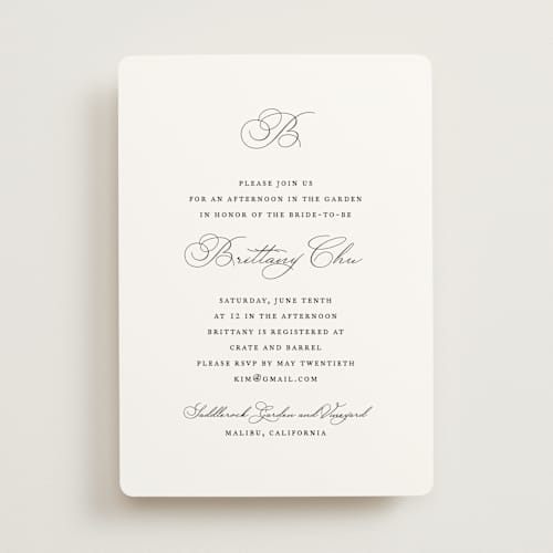 This is a pearl bridal shower invitations with standard by Jennifer Postorino called initial printing on signature in standard