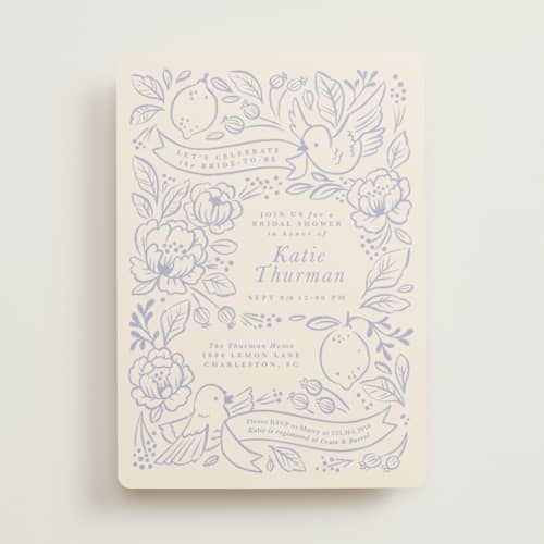 This is a porcelain bridal shower invitations with standard by Rebecca Smith called love birds printing on signature in standard