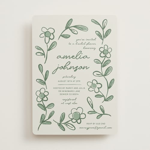 This is a sage bridal shower invitations with standard by Kelly Watkins called blooming printing on signature in standard
