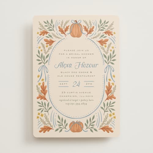 This is a cornflower bridal shower invitations with standard by Laura Hankins called pumpkins + bows printing on signature in standard