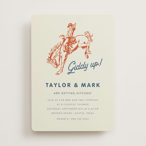 This is a cobalt bridal shower invitations with standard by Erin Hodges called giddy up printing on signature in standard
