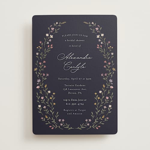 This is a navy bridal shower invitations with standard by Katherine Moynagh called floral greenery printing on signature in standard