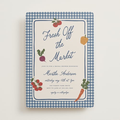 This is a denim bridal shower invitations with standard by Kelly Watkins called farmers market printing on signature in standard