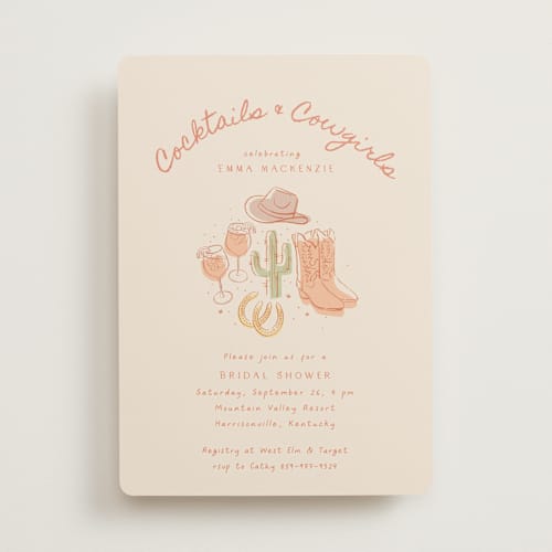 This is a sand bridal shower invitations with standard by frau brandt called cocktails & cowgirls printing on signature in standard