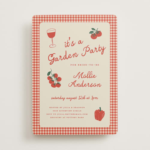 This is a tomato bridal shower invitations with standard by Kelly Watkins called gingham garden printing on signature in standard
