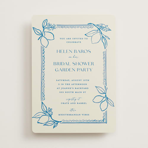 This is a cobalt bridal shower invitations with standard by Pati Cascino called mediterraneo printing on signature in standard