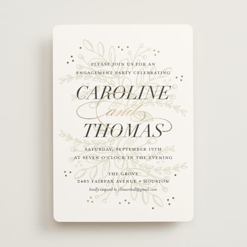 This is a gold engagement party invitations with foil pressed by Jessica Williams called soft bouquet printing on signature in standard