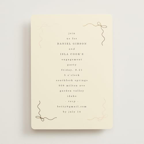 This is a cream engagement party invitations with foil pressed by Baumbirdy called bows printing on signature in standard