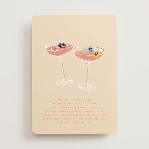 This is a champagne engagement party invitations with foil pressed by Baumbirdy called flower cheers printing on signature in standard