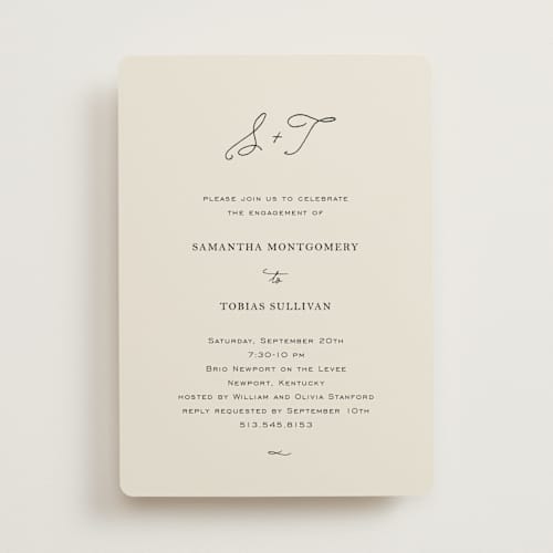 This is a ivory engagement party invitations with standard by Kim Dietrich Elam called estate printing on signature in standard