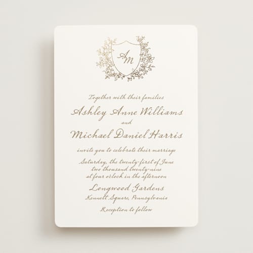This is a ivory foil stamped wedding invitations with foil pressed by Cass Loh called boho flower crest printing on signature in standard
