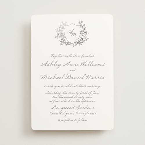 This is a moonlit onyx foil stamped wedding invitations with foil pressed by Cass Loh called boho flower crest printing on signature in standard