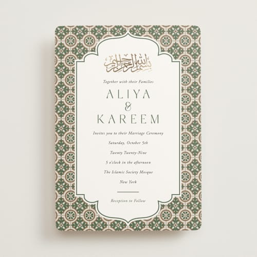 This is a evergreen foil stamped wedding invitations with foil pressed by Oma N. Ramkhelawan called kareem printing on signature in standard