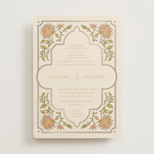 This is a ochre foil stamped wedding invitations with foil pressed by Hannah Bowman called marigold printing on signature in standard