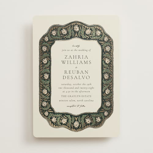 This is a emerald foil stamped wedding invitations with foil pressed by Jen Owens called frame printing on signature in standard