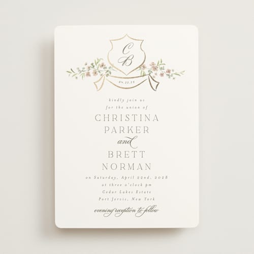 This is a blush foil stamped wedding invitations with foil pressed by Everett Paper Goods called posy printing on signature in standard