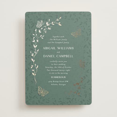 This is a eucalyptus foil stamped wedding invitations with foil pressed by Simona Camp called southern romance printing on signature in standard