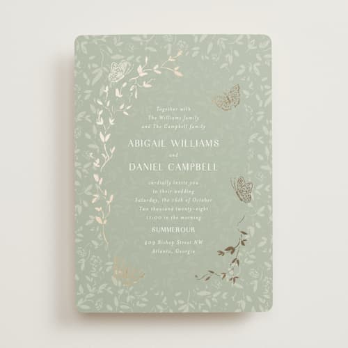 This is a pistachio foil stamped wedding invitations with foil pressed by Simona Camp called southern romance printing on signature in standard