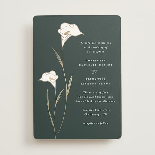 This is a forest foil stamped wedding invitations with foil pressed by Stacey Meacham called elegant lillies printing on signature in standard