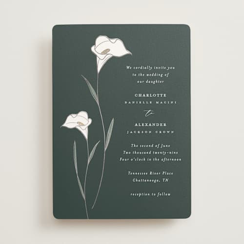 This is a forest foil stamped wedding invitations with foil pressed by Stacey Meacham called elegant lillies printing on signature in standard