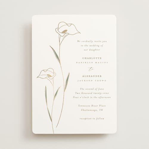 This is a cotton foil stamped wedding invitations with foil pressed by Stacey Meacham called elegant lillies printing on signature in standard
