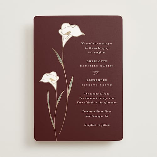 This is a claret foil stamped wedding invitations with foil pressed by Stacey Meacham called elegant lillies printing on signature in standard