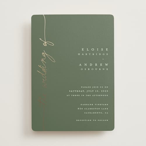 This is a eucalyptus foil stamped wedding invitations with foil pressed by Pippa Shaw called silk printing on signature in standard