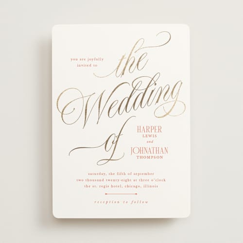 This is a sunset foil stamped wedding invitations with foil pressed by Kate Ahn called mirin printing on signature in standard