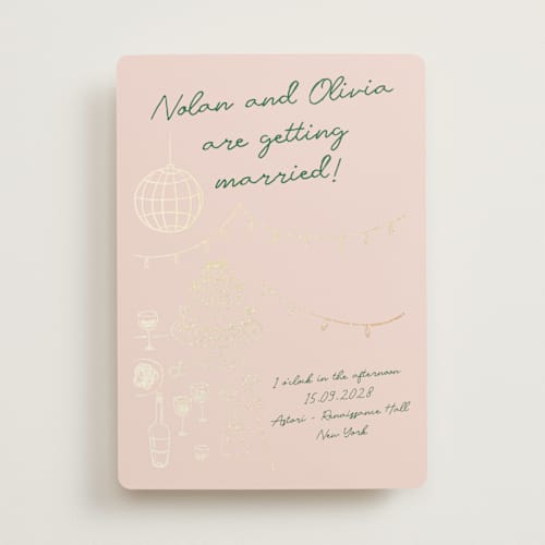 This is a verdant foil stamped wedding invitations with foil pressed by Zove Ahhh called party on! printing on signature in standard