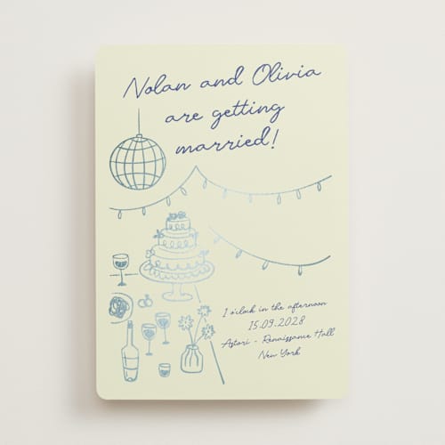 This is a disco blue foil stamped wedding invitations with foil pressed by Zove Ahhh called party on! printing on signature in standard
