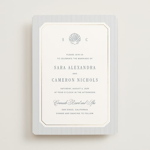 This is a coast foil stamped wedding invitations with foil pressed by Kelly Schmidt called seashore printing on signature in standard