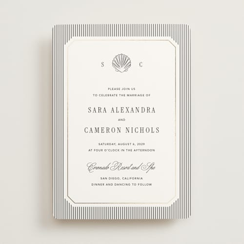 This is a silk foil stamped wedding invitations with foil pressed by Kelly Schmidt called seashore printing on signature in standard