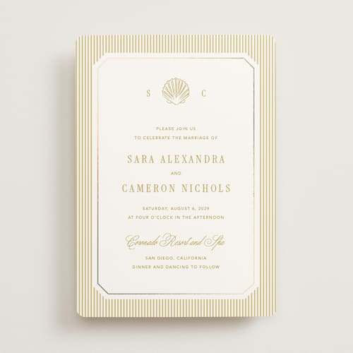 This is a lemon foil stamped wedding invitations with foil pressed by Kelly Schmidt called seashore printing on signature in standard