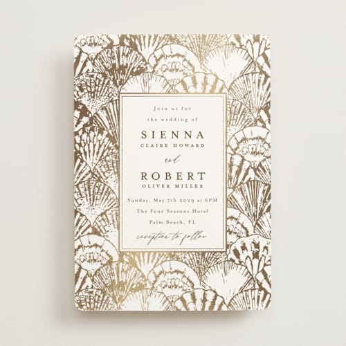 This is a pearl foil stamped wedding invitations with foil pressed by Maria Alou called by the seashore printing on signature in standard