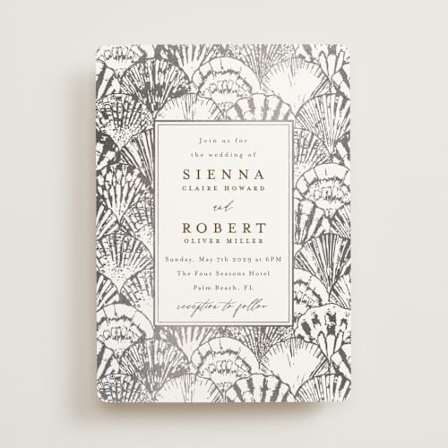 This is a pearl foil stamped wedding invitations with foil pressed by Maria Alou called by the seashore printing on signature in standard